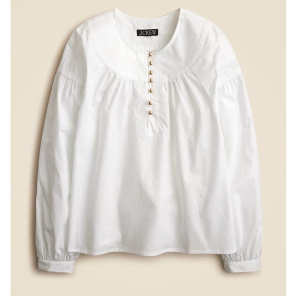 J.Crew Shirred Popover Top WMNS S White Cotton Poplin Drop Shoulder Long Sleeve